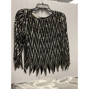Vintage 1970s St. Honore 100% Silk Beaded Sequins Blouse Zigzag Hem Small- Med